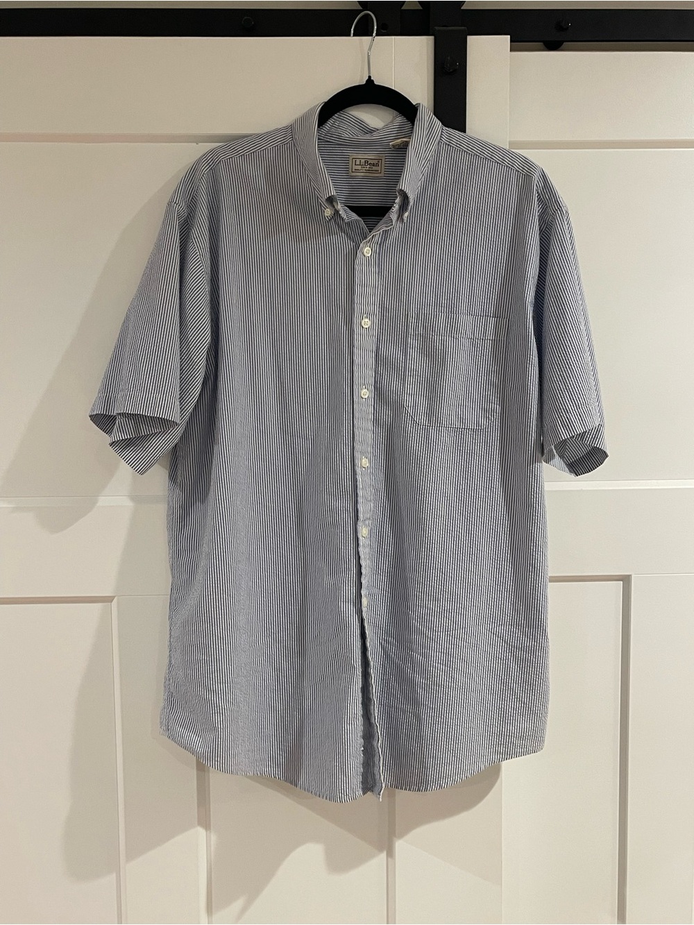 L.L. Bean Blue and White Striped Short-Sleeve Button-Down Shirt